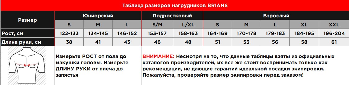 Таблица размеров нагрудников BRIANS