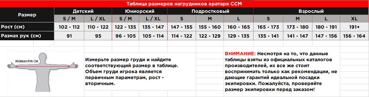 Таблица размеров нагрудников ВРАТАРЯ CCM 2024