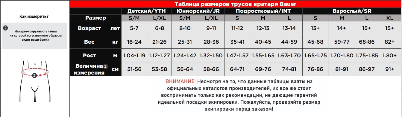 Таблица размеров трусов вратаря Бауэр